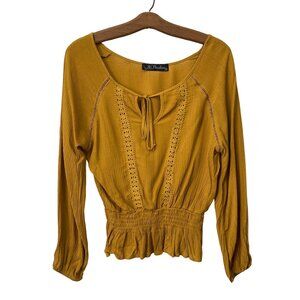 B Flawless Blouse Size Medium Crochet Smocked Mustard Yellow Crochet Long Sleeve